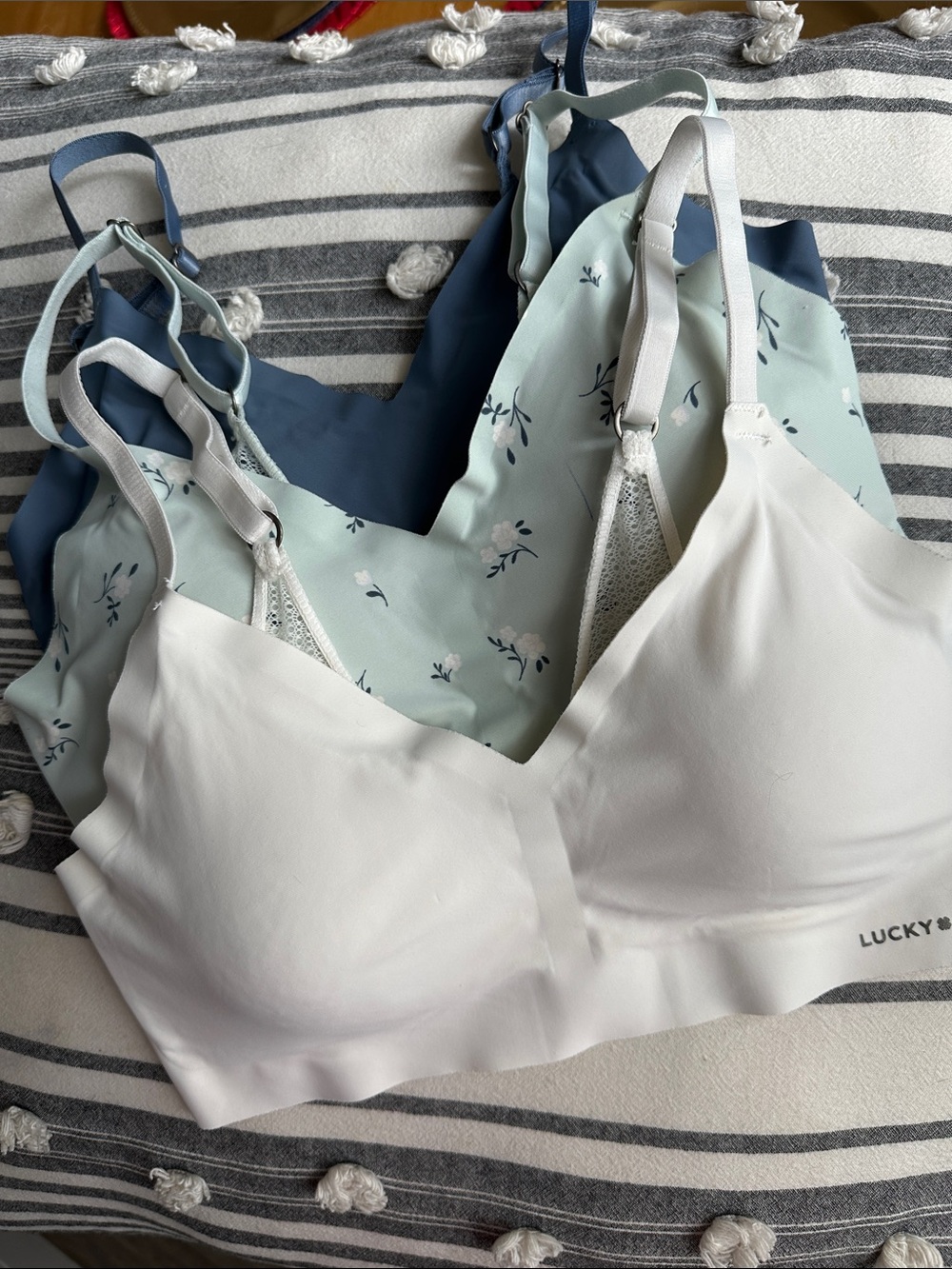 Lucky Brand Soft Wireless Bralette Trio in White, Light Blue Floral & Navy